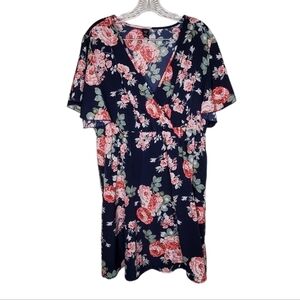 Shein Curve 2XL Navy Blue with Pink Roses Short Sleeve Dress, Cross Over Bodice